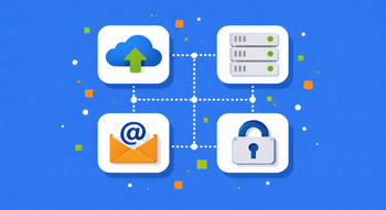 Illustration mit vier vernetzten IT-Icons (Cloud, Server, E-Mail und Sicherheitsschloss) auf einem leicht helleren blauen Hintergrund. © ChatGPT
