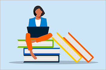 Illustration: Woman sitting on a pile of books with a laptop