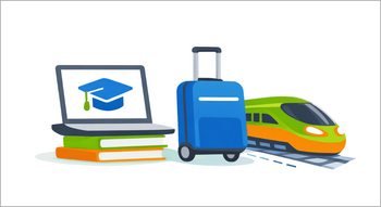 Illustration: Ein Laptop mit Doktorhut-Symbol steht auf Büchern, daneben sind ein Koffer und ein Zug dargestellt.