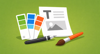 Illustration mit Farbpaletten in drei Farbtönen, einem Stift, einem Pinsel und einem gestalteten Blatt, angeordnet auf einfarbig grünem Hintergrund