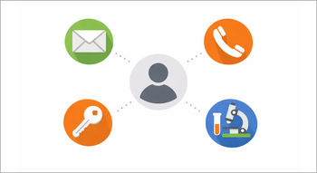 Illustration: In der Mitte ist eine graue Personensilhouette zu sehen, die über gepunktete Linien mit Symbolen für einen Briefumschlag, ein Telefon, einen Schlüssel und ein Mikroskop verbunden ist.