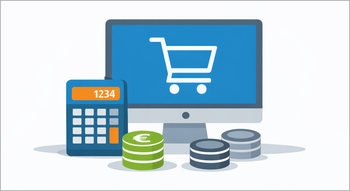 Illustration: Ein Monitor mit einem Einkaufswagen-Symbol steht neben einem Taschenrechner und mehreren Münzstapeln.